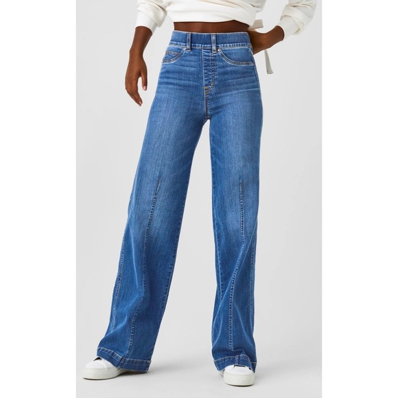 Spanx XL/XLG Pull On Wide Leg Jeans High Rise Stretch Denim Retro Style - Picture 1 of 7